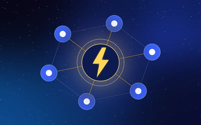 A lightning bolt at the centre of a connected network, representing AI as a utility that powers a business